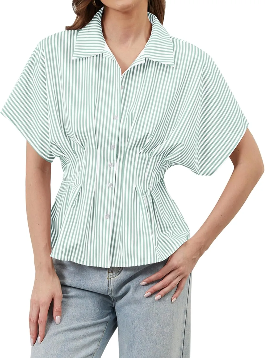 Womens Striped Button Down Shirts Short Sleeve Pleated Peplum Shirts Dressy Casual Lapel Tops Summer Business Blouse