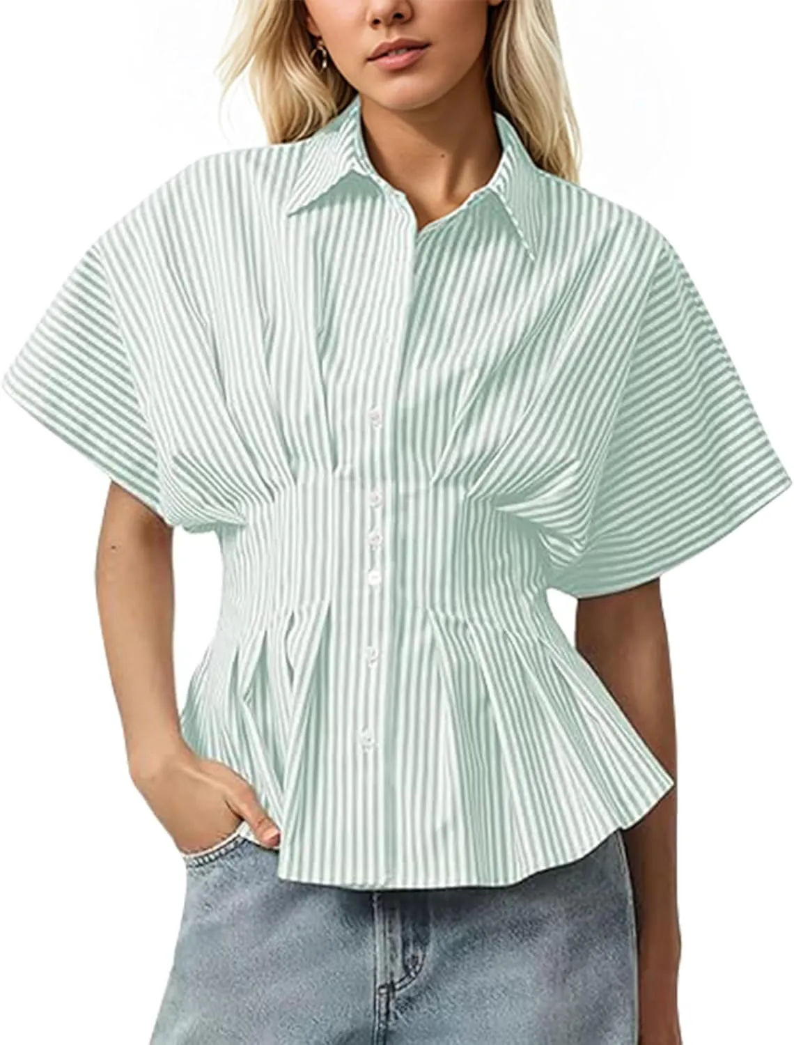 Womens Striped Button Down Shirts Short Sleeve Pleated Peplum Shirts Dressy Casual Lapel Tops Summer Business Blouse