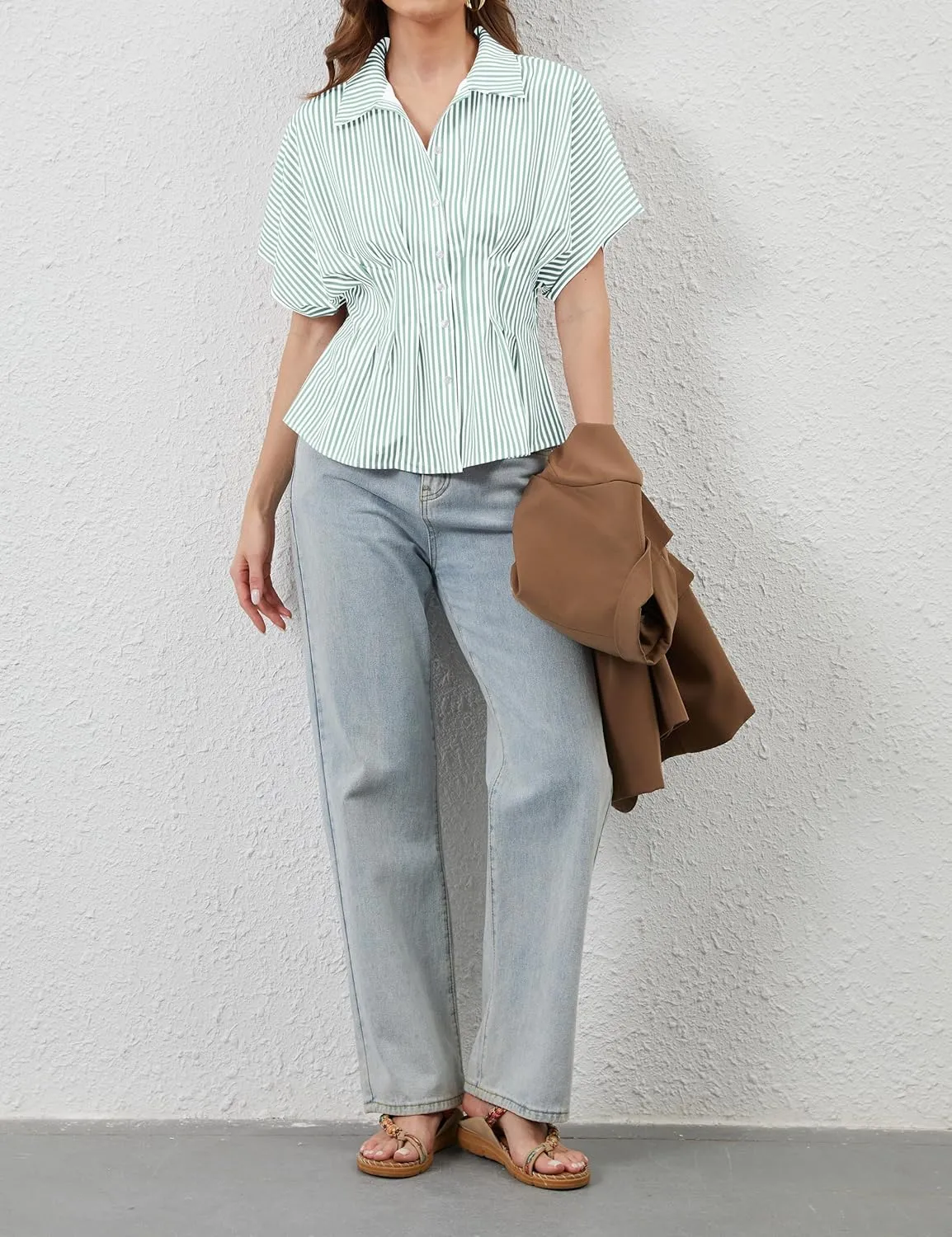 Womens Striped Button Down Shirts Short Sleeve Pleated Peplum Shirts Dressy Casual Lapel Tops Summer Business Blouse