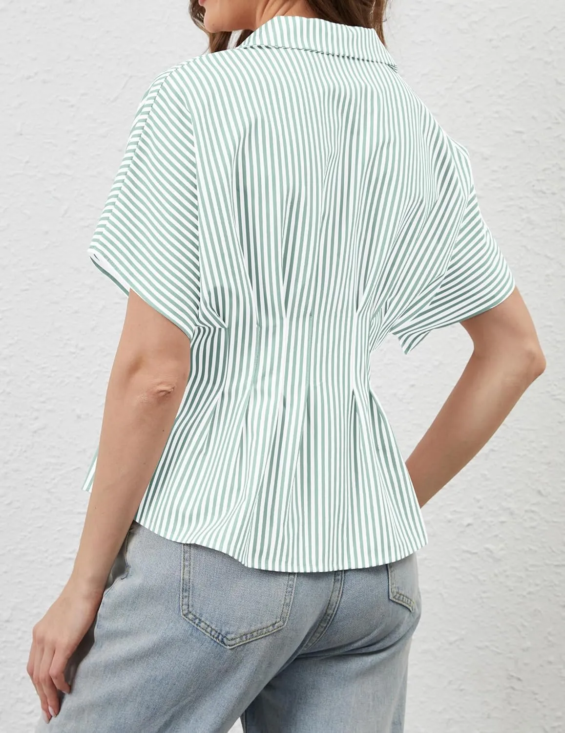 Womens Striped Button Down Shirts Short Sleeve Pleated Peplum Shirts Dressy Casual Lapel Tops Summer Business Blouse