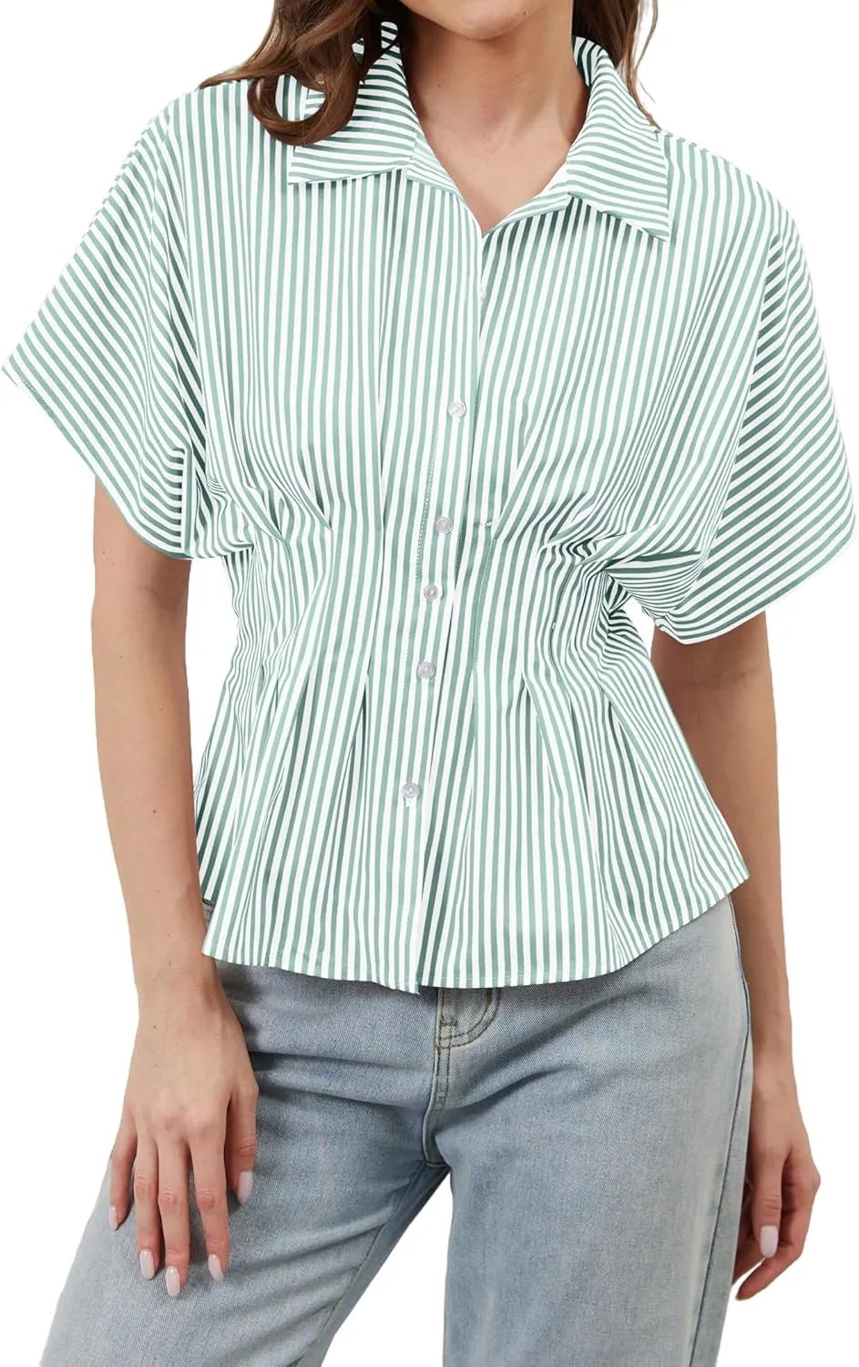 Womens Striped Button Down Shirts Short Sleeve Pleated Peplum Shirts Dressy Casual Lapel Tops Summer Business Blouse