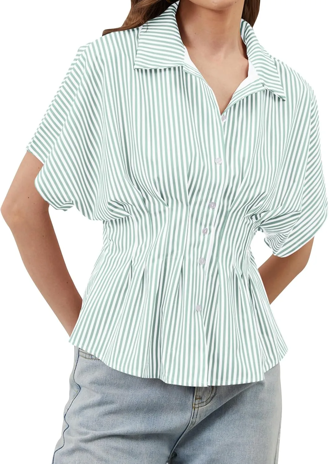 Womens Striped Button Down Shirts Short Sleeve Pleated Peplum Shirts Dressy Casual Lapel Tops Summer Business Blouse