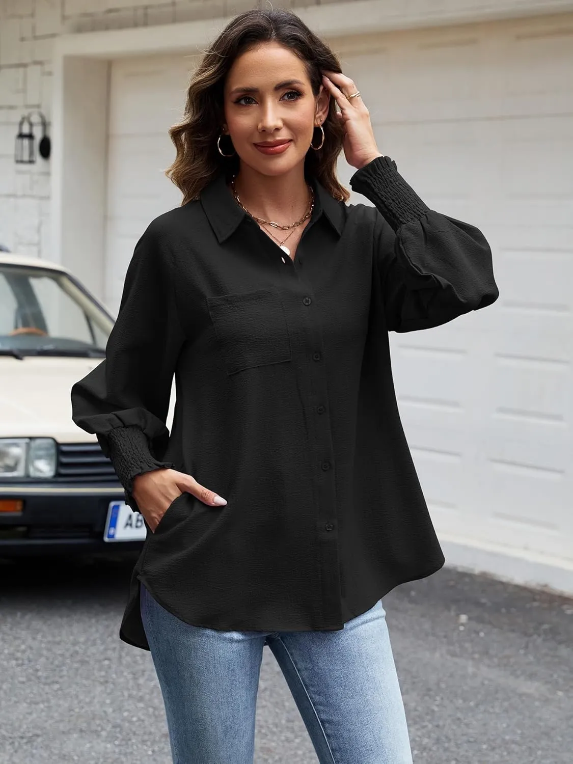 Womens Striped Button Down Shirts Smocked Puff Sleeve Boyfriend Blouse Collar Oversized Work Tops with Pocket