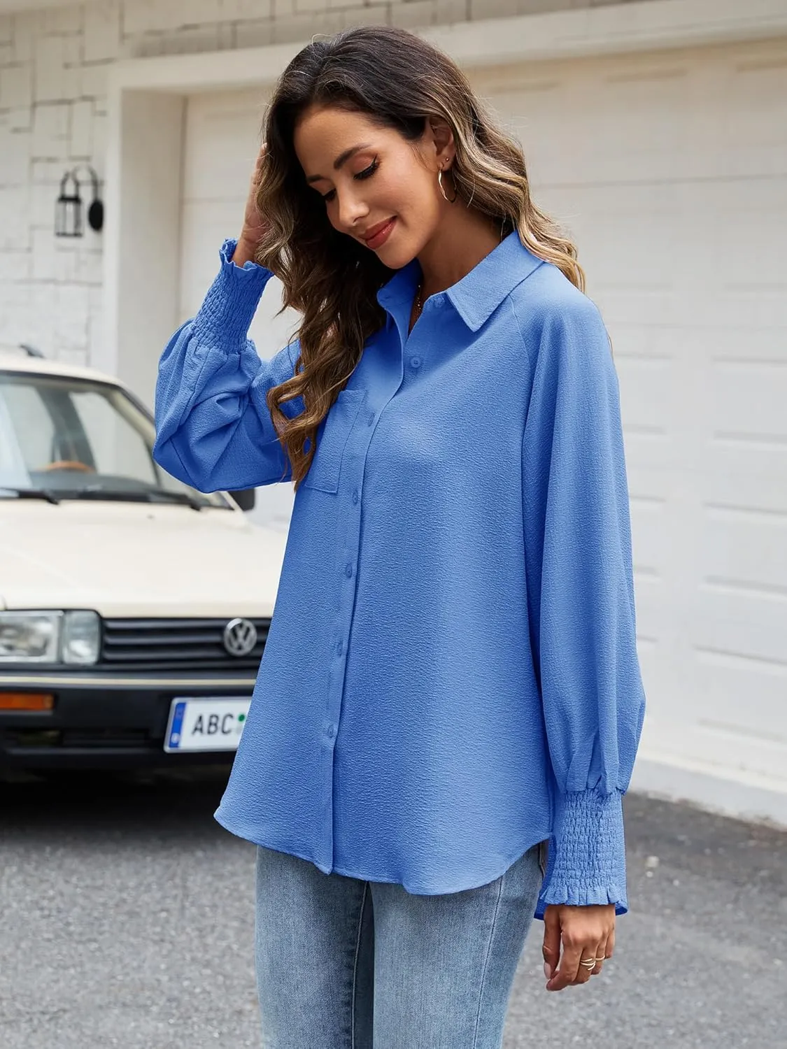 Womens Striped Button Down Shirts Smocked Puff Sleeve Boyfriend Blouse Collar Oversized Work Tops with Pocket