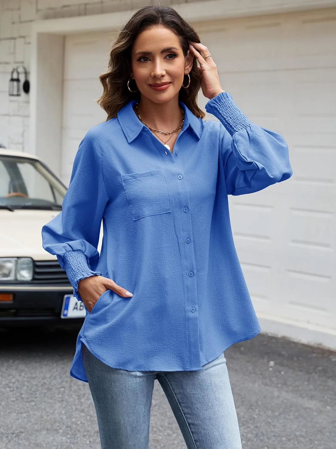 Womens Striped Button Down Shirts Smocked Puff Sleeve Boyfriend Blouse Collar Oversized Work Tops with Pocket