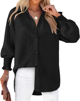 Womens Striped Button Down Shirts Smocked Puff Sleeve Boyfriend Blouse Collar Oversized Work Tops with Pocket