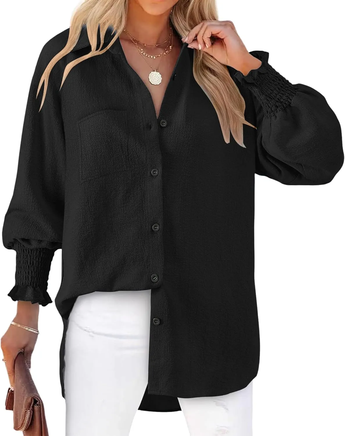 Womens Striped Button Down Shirts Smocked Puff Sleeve Boyfriend Blouse Collar Oversized Work Tops with Pocket