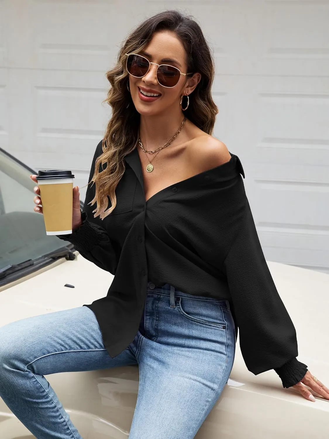 Womens Striped Button Down Shirts Smocked Puff Sleeve Boyfriend Blouse Collar Oversized Work Tops with Pocket