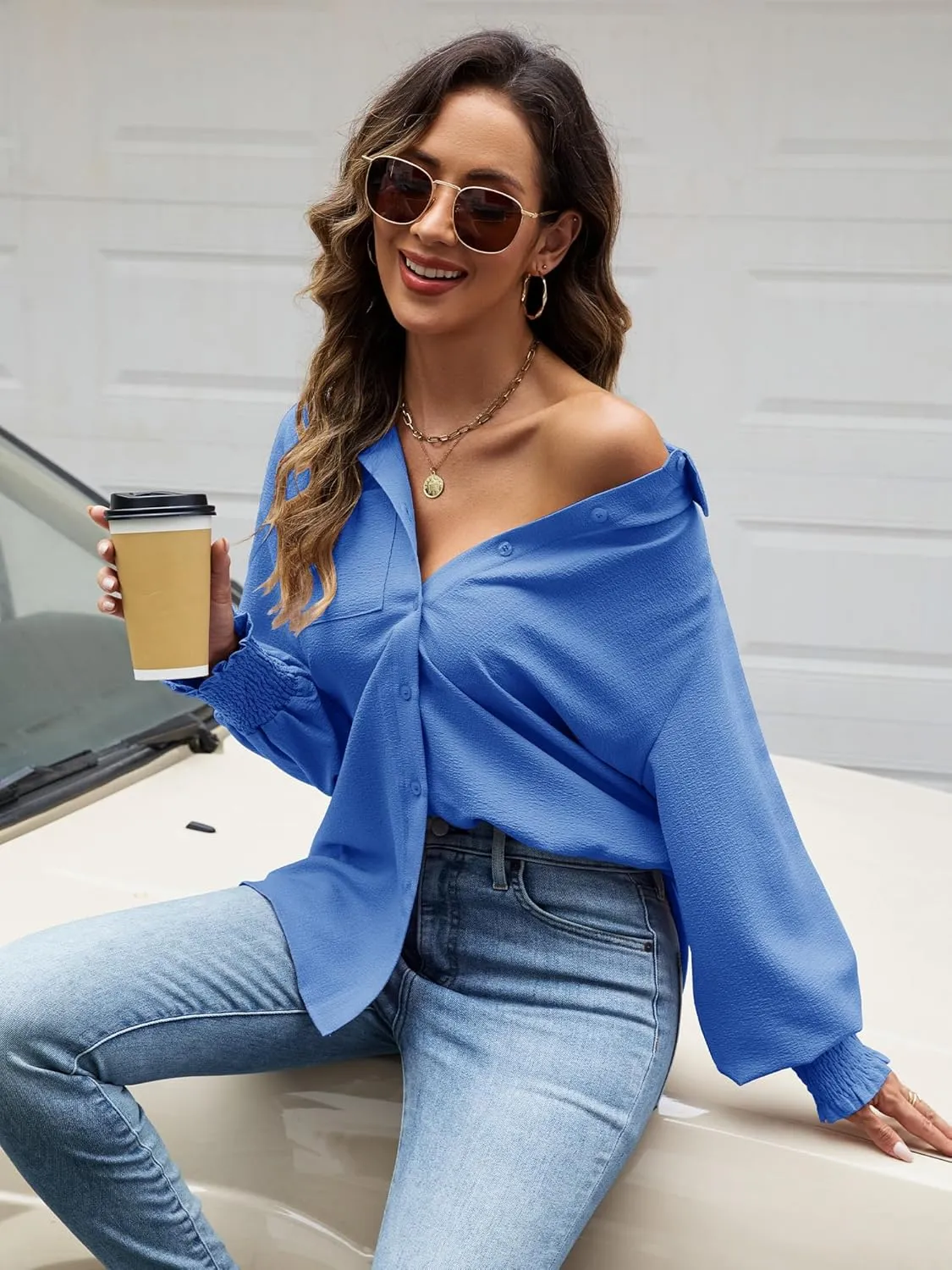 Womens Striped Button Down Shirts Smocked Puff Sleeve Boyfriend Blouse Collar Oversized Work Tops with Pocket