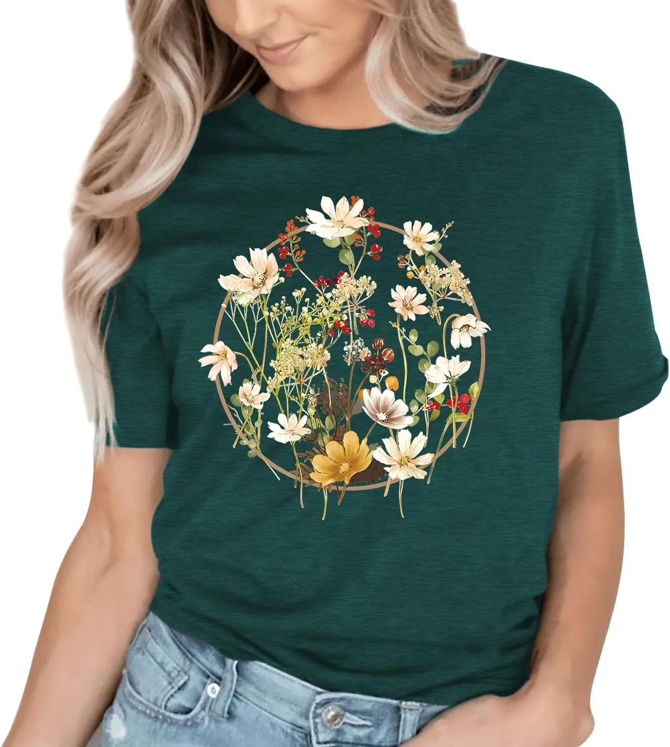 Women's Vintage Flowers Shirt Casual Boho Floral Printed Shirts Sunflower Wildflowers Graphic Tee Tops 