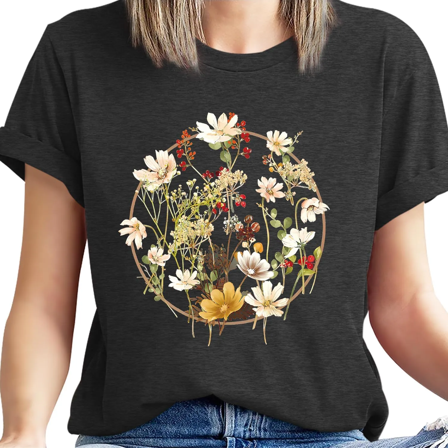 Women's Vintage Flowers Shirt Casual Boho Floral Printed Shirts Sunflower Wildflowers Graphic Tee Tops 