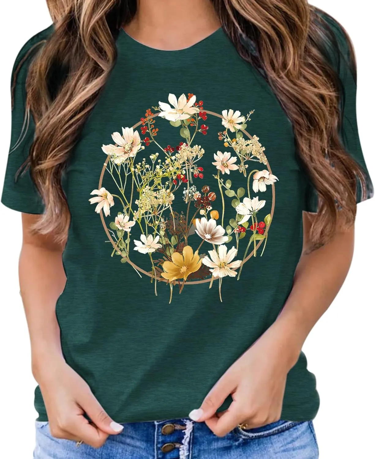 Women's Vintage Flowers Shirt Casual Boho Floral Printed Shirts Sunflower Wildflowers Graphic Tee Tops 