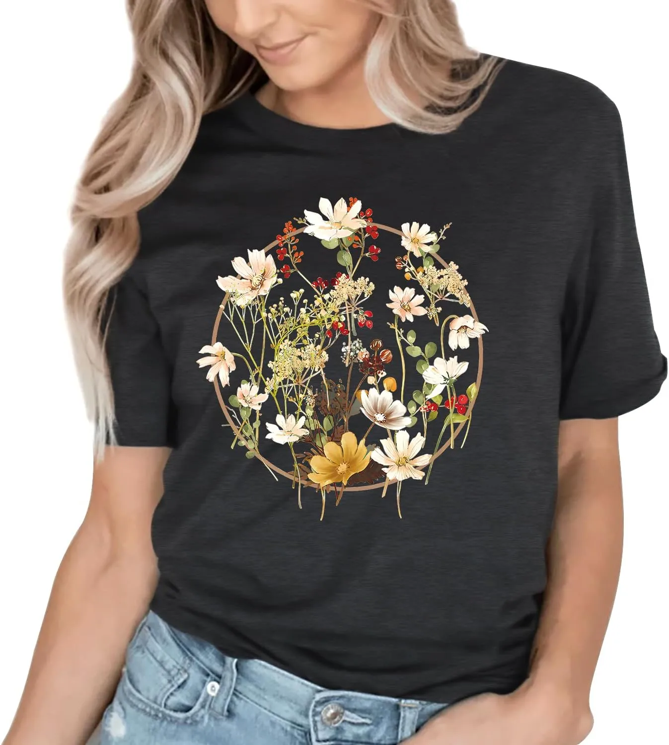 Women's Vintage Flowers Shirt Casual Boho Floral Printed Shirts Sunflower Wildflowers Graphic Tee Tops 