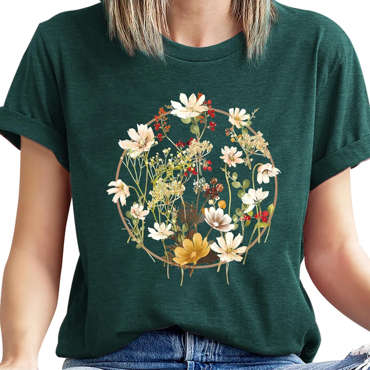 Women's Vintage Flowers Shirt Casual Boho Floral Printed Shirts Sunflower Wildflowers Graphic Tee Tops 