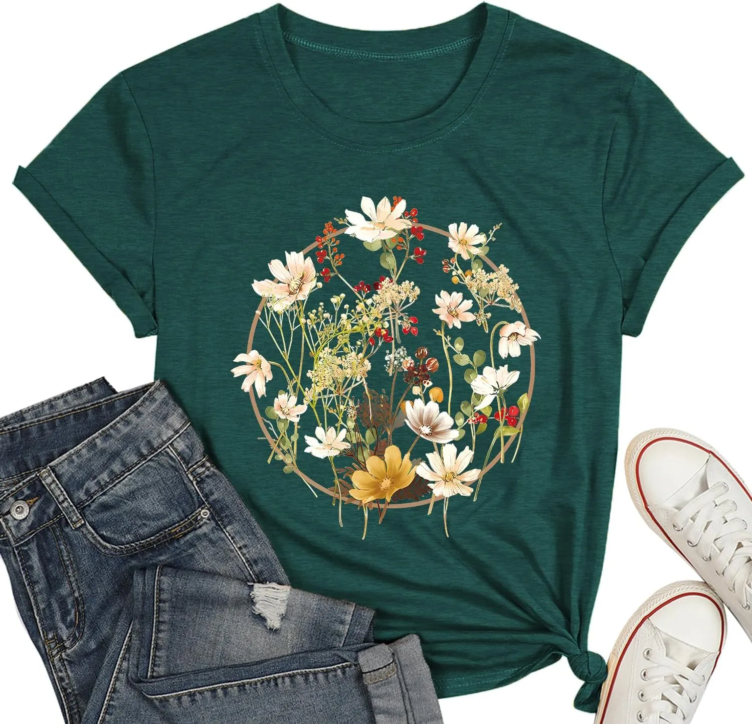 Women's Vintage Flowers Shirt Casual Boho Floral Printed Shirts Sunflower Wildflowers Graphic Tee Tops 