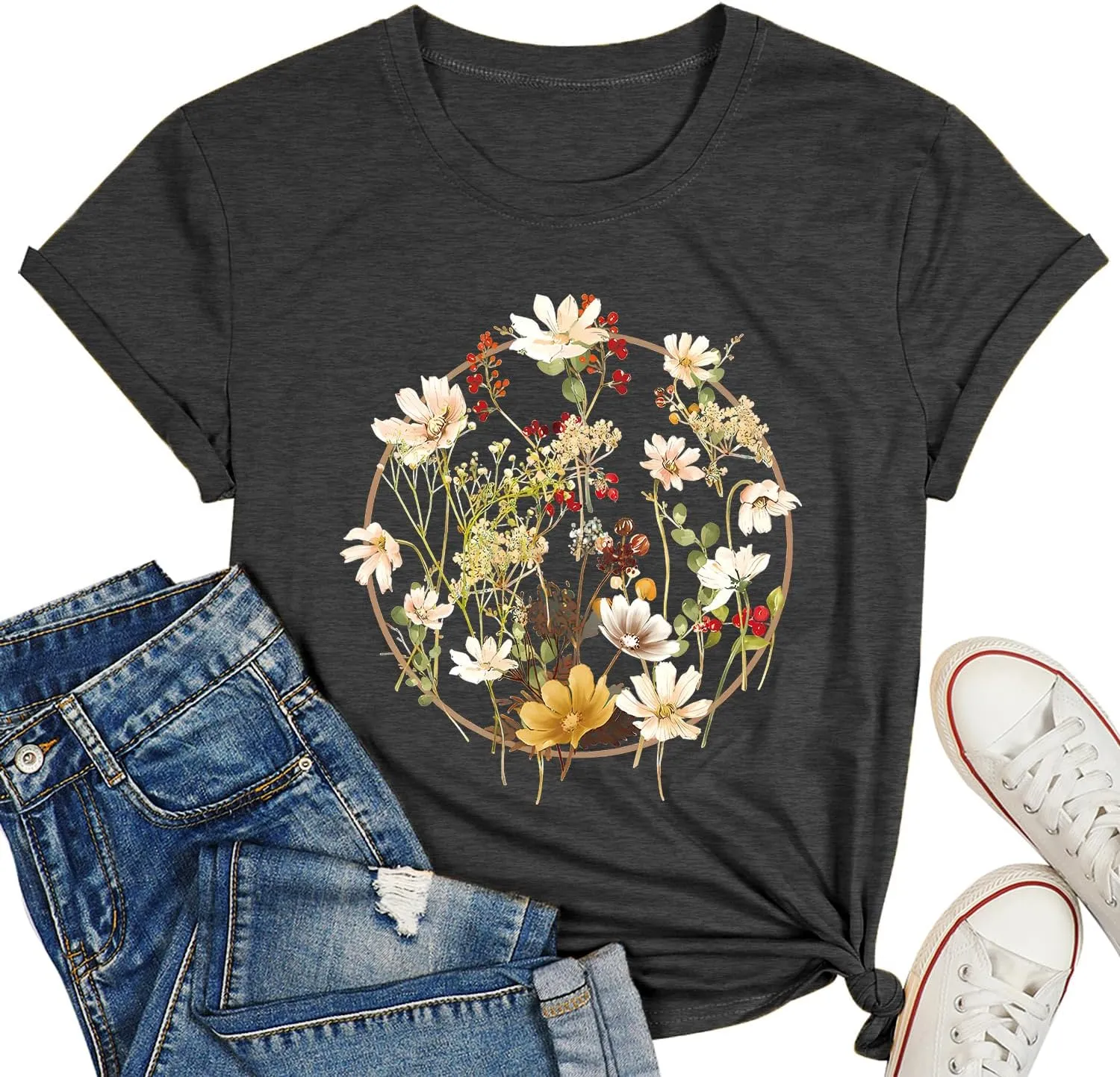 Women's Vintage Flowers Shirt Casual Boho Floral Printed Shirts Sunflower Wildflowers Graphic Tee Tops 