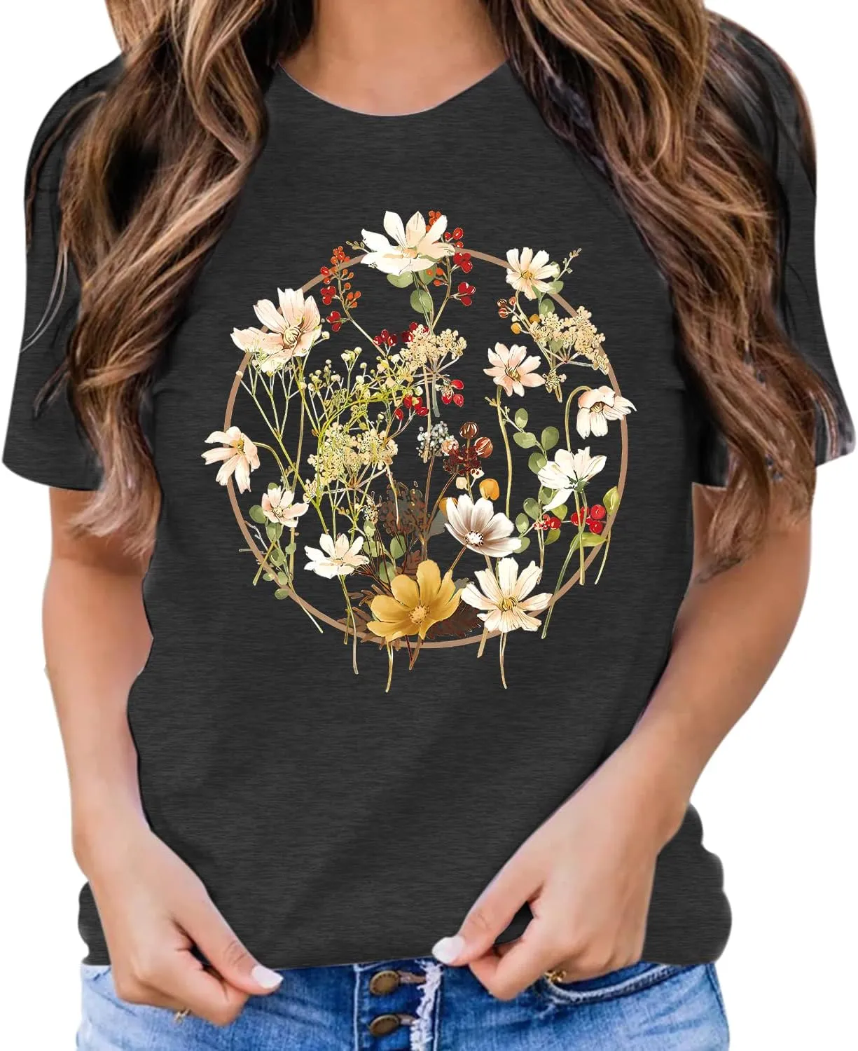 Women's Vintage Flowers Shirt Casual Boho Floral Printed Shirts Sunflower Wildflowers Graphic Tee Tops 
