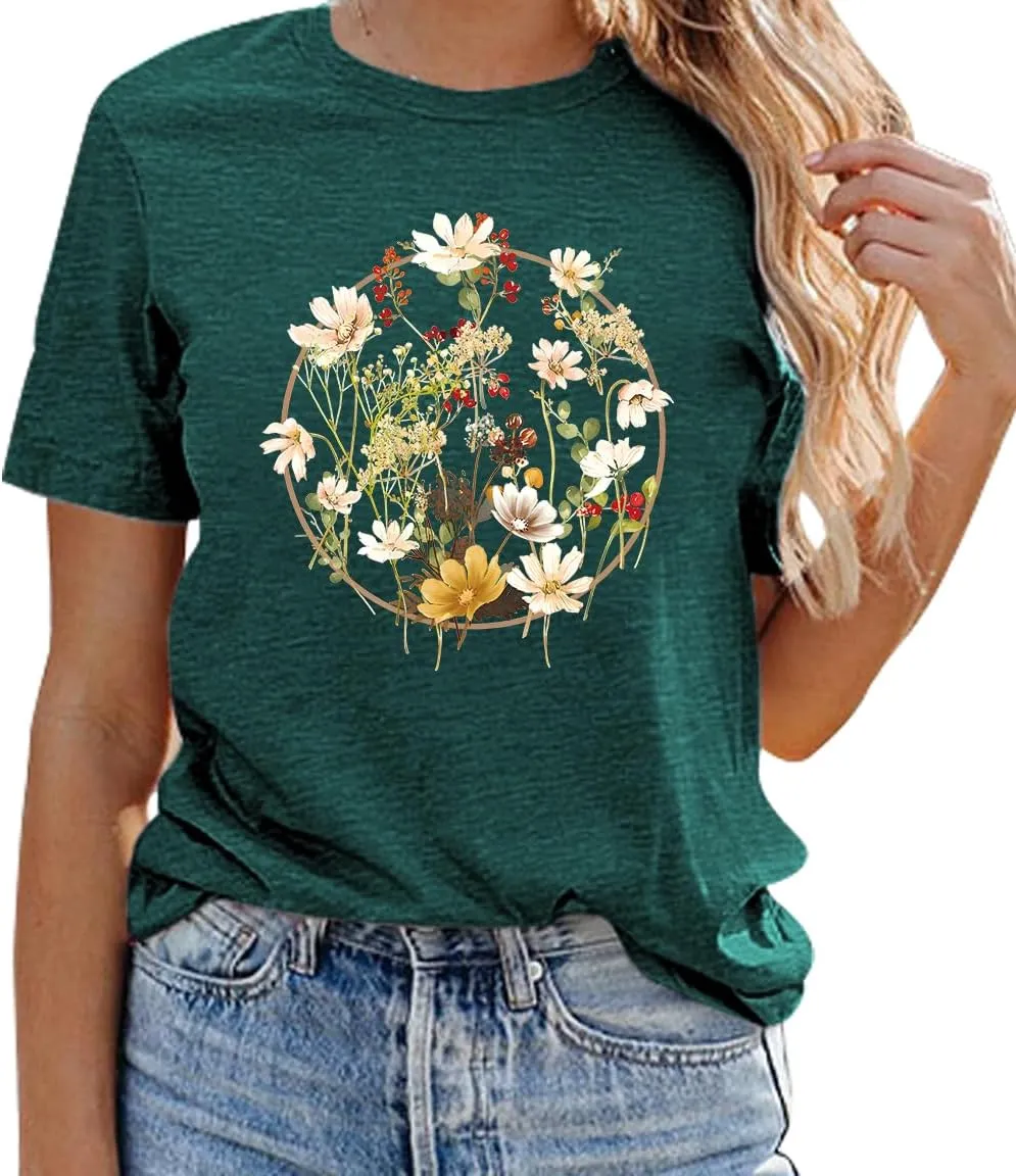 Women's Vintage Flowers Shirt Casual Boho Floral Printed Shirts Sunflower Wildflowers Graphic Tee Tops 