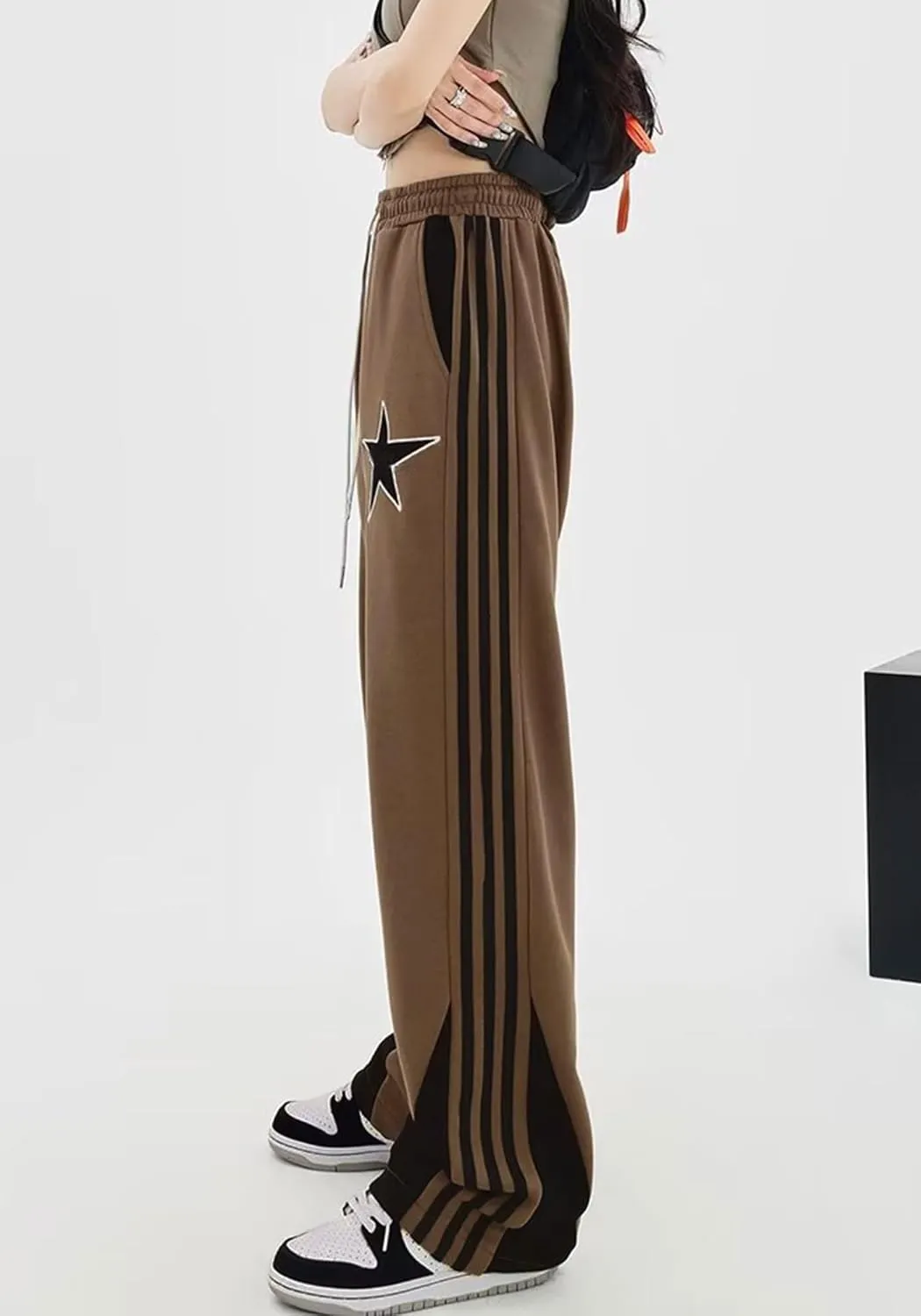 Womens Y2k Striped Sweatpants Star Patchwork Straight Leg Drawstring Baggy Sweatpants with Pockets