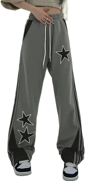 Womens Y2k Striped Sweatpants Star Patchwork Straight Leg Drawstring Baggy Sweatpants with Pockets