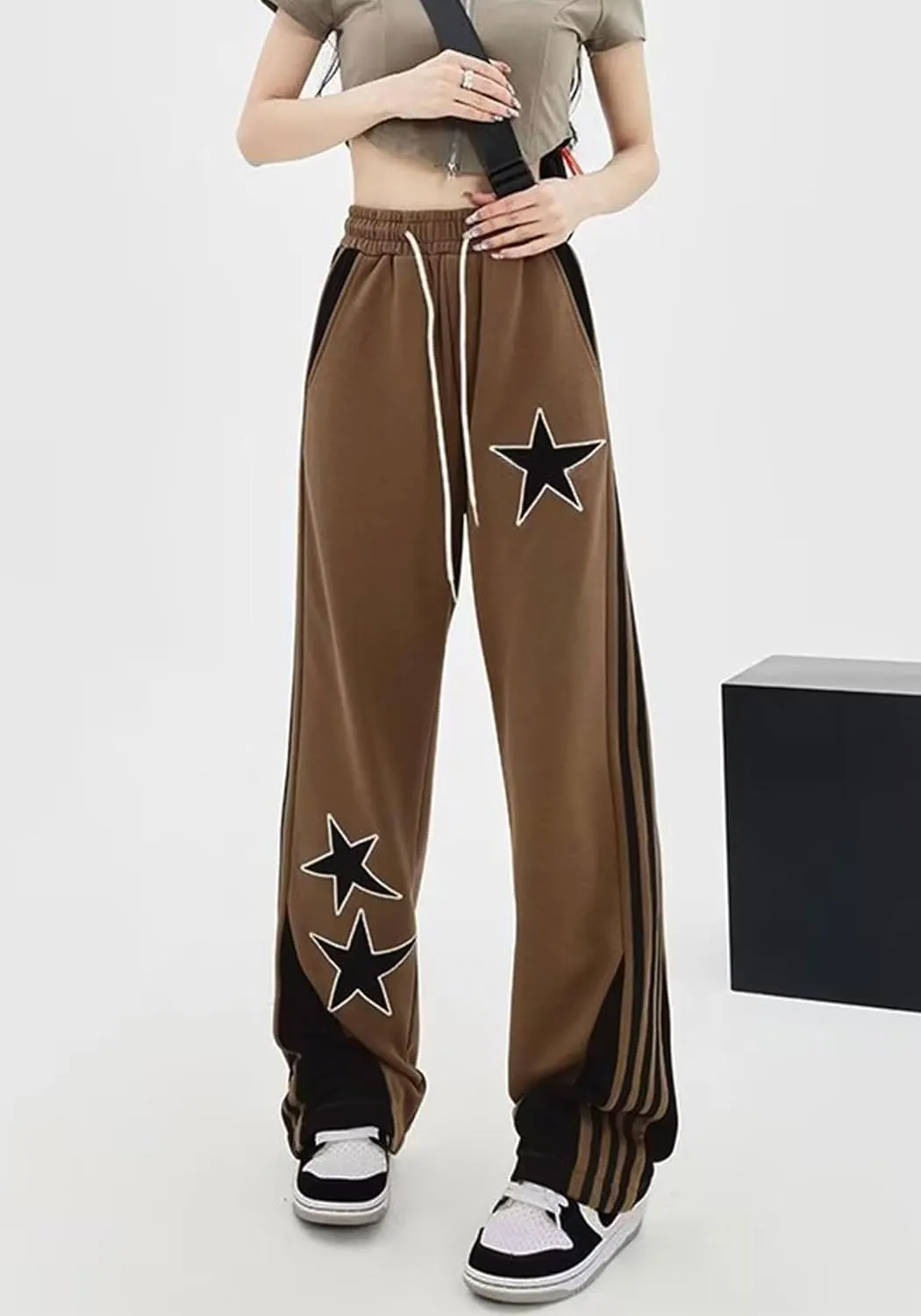 Womens Y2k Striped Sweatpants Star Patchwork Straight Leg Drawstring Baggy Sweatpants with Pockets