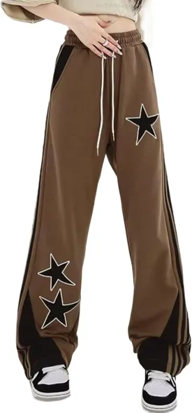 Womens Y2k Striped Sweatpants Star Patchwork Straight Leg Drawstring Baggy Sweatpants with Pockets