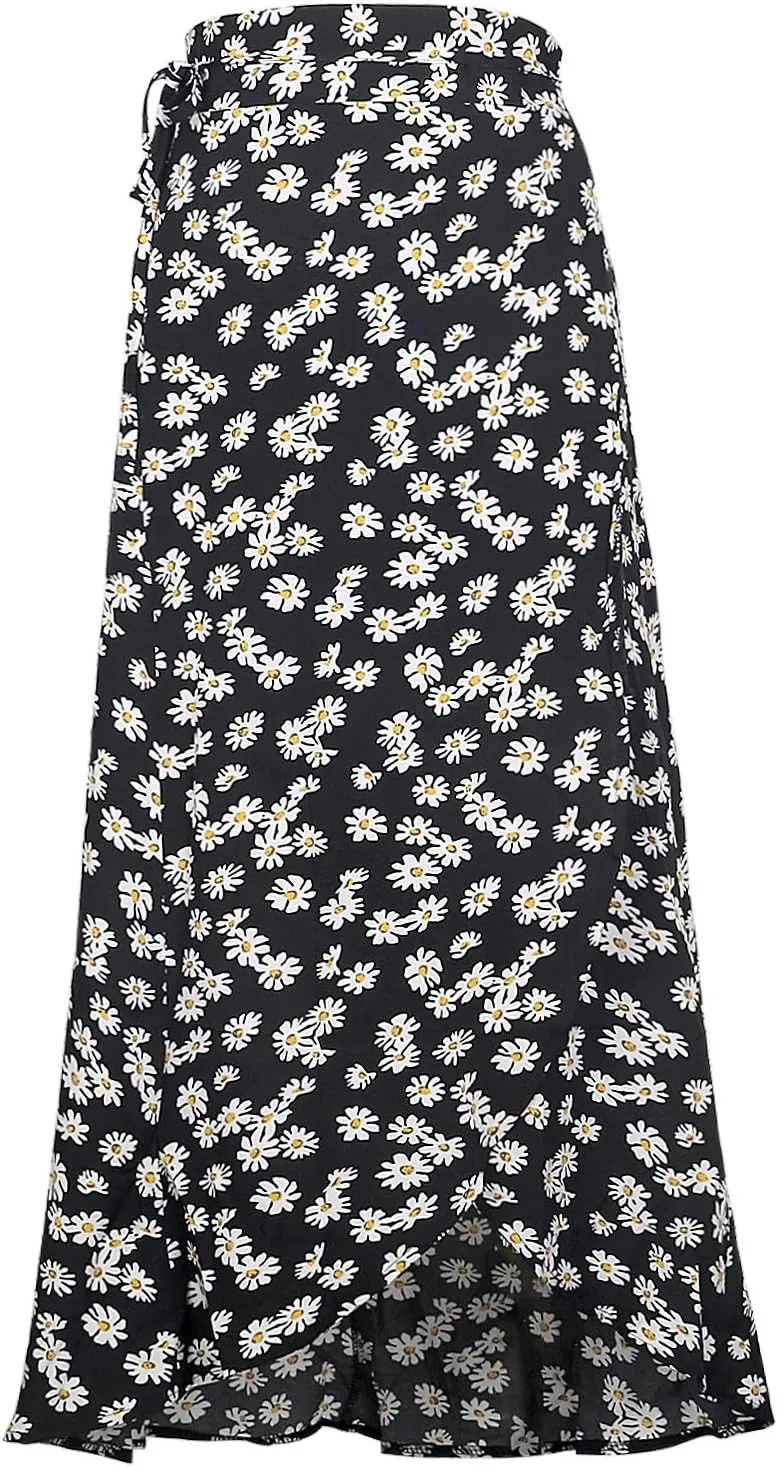 Yonala Womens Boho Floral Tie Up Waist Summer Beach Wrap Cover Up Maxi Skirt