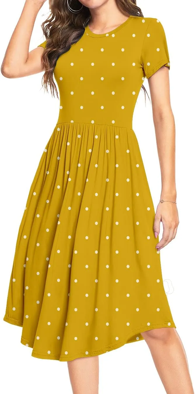 YUNDAI Womens Dress Mini Casual Loose Short Sleeve Polka Dot Knee Length Dresses with Pockets