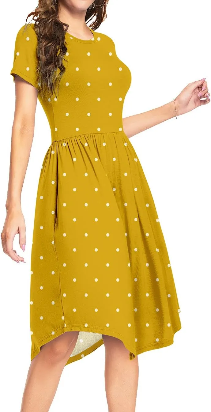 YUNDAI Womens Dress Mini Casual Loose Short Sleeve Polka Dot Knee Length Dresses with Pockets