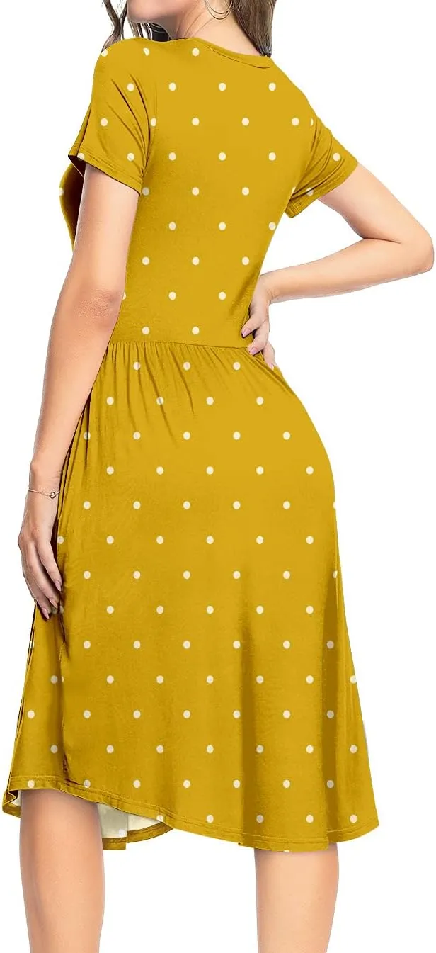 YUNDAI Womens Dress Mini Casual Loose Short Sleeve Polka Dot Knee Length Dresses with Pockets