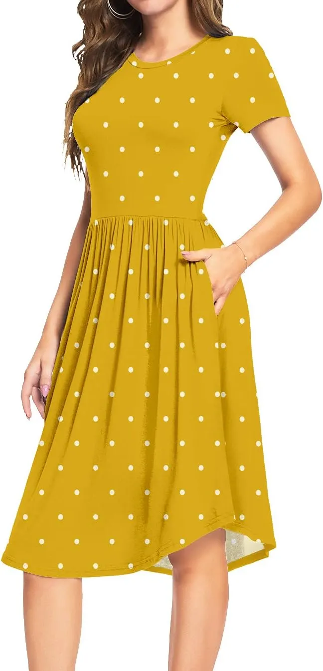 YUNDAI Womens Dress Mini Casual Loose Short Sleeve Polka Dot Knee Length Dresses with Pockets