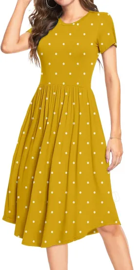 YUNDAI Womens Dress Mini Casual Loose Short Sleeve Polka Dot Knee Length Dresses with Pockets