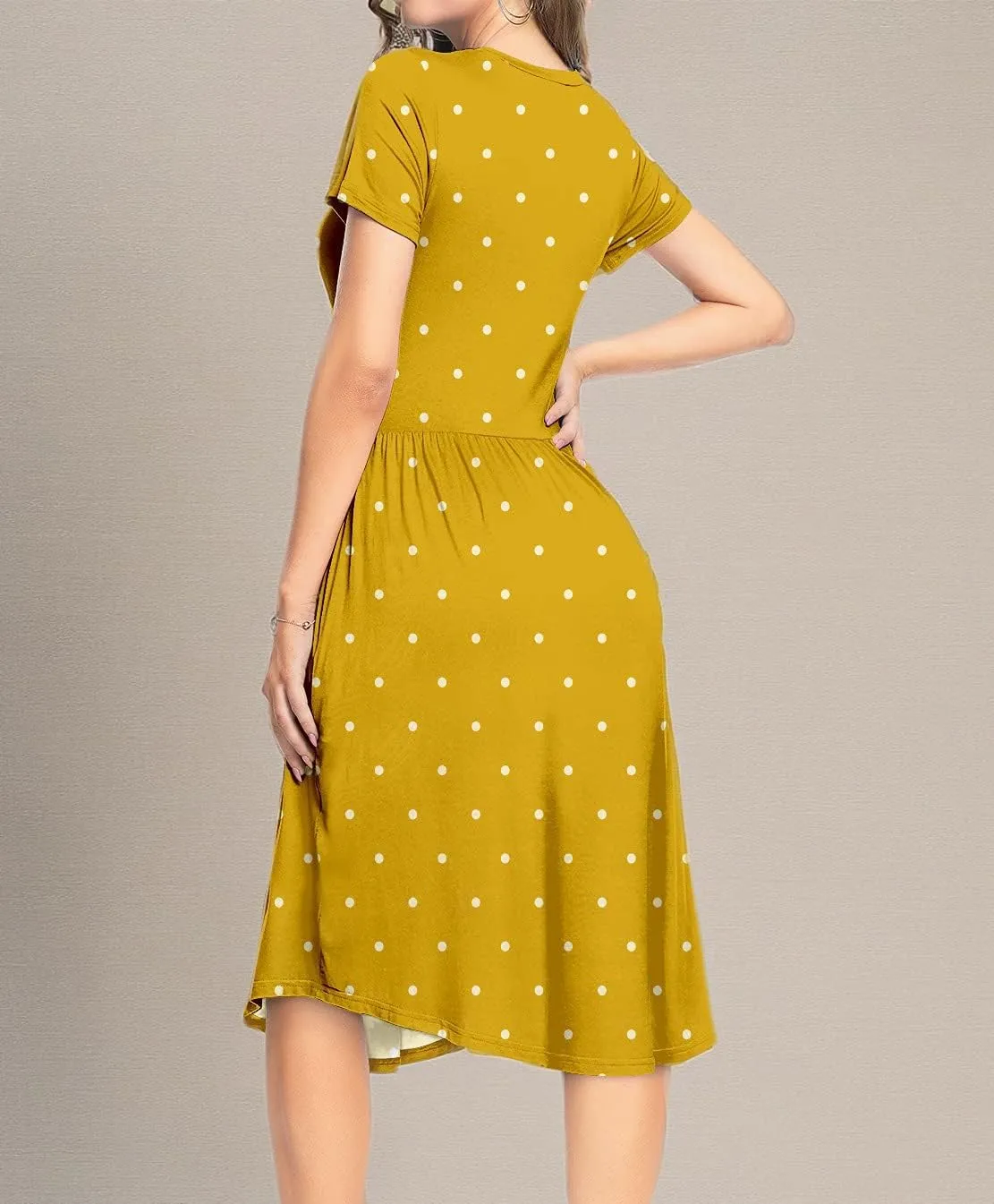 YUNDAI Womens Dress Mini Casual Loose Short Sleeve Polka Dot Knee Length Dresses with Pockets