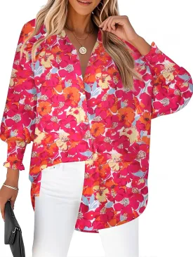Zeagoo Womens Button Down Shirts Loose Fit Striped Printed Lantern Long Sleeve Blouses Smocked Cuff Business Work Fall Tops