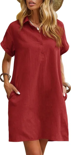 Zeagoo Womens Cotton Shirt Dress Summer Casual Short Sleeve Button Down Beach Cover Up Shirts with Pockets